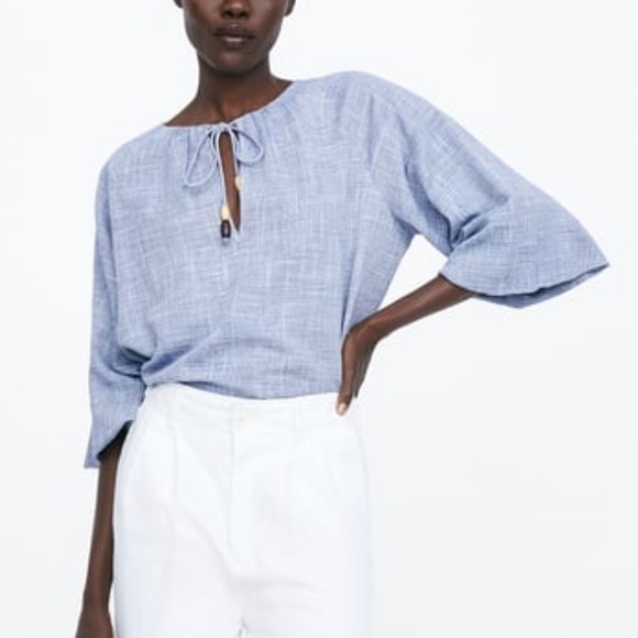 Zara Blue Tassle Tie Blouse - Picture 2 of 8